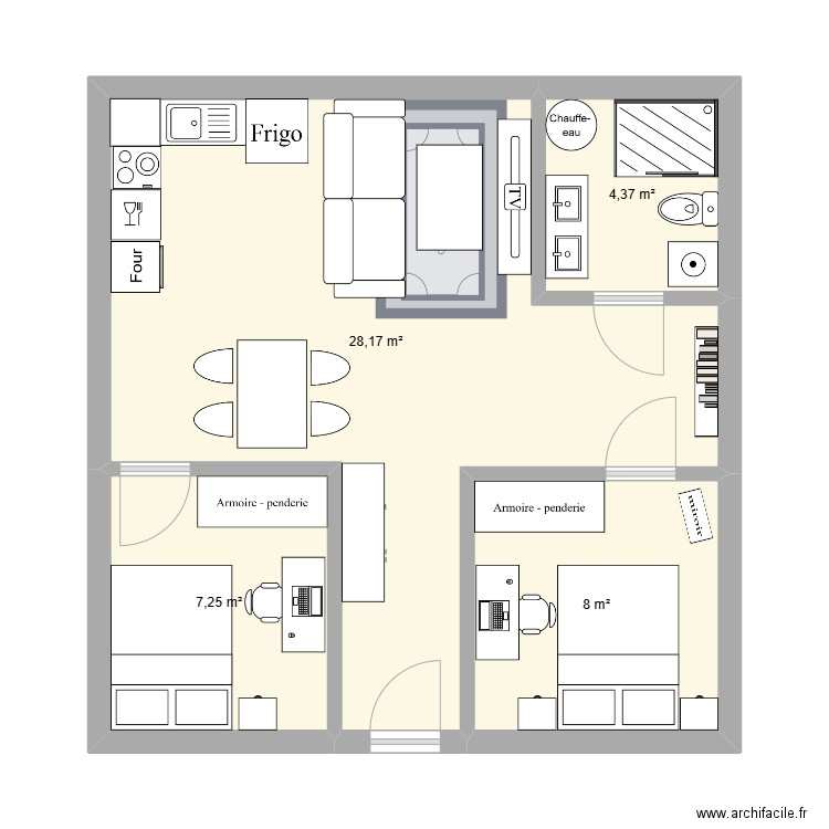 55 m2 (T3) Test. Plan de 4 pièces et 48 m2