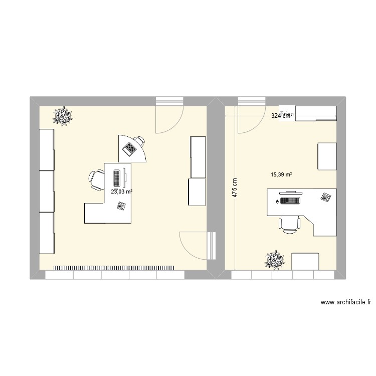 bureau du lieu de stage. Plan de 2 pièces et 38 m2