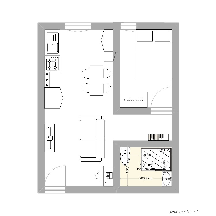 Plan studio de 30m2 -2. Plan de 1 pièce et 3 m2