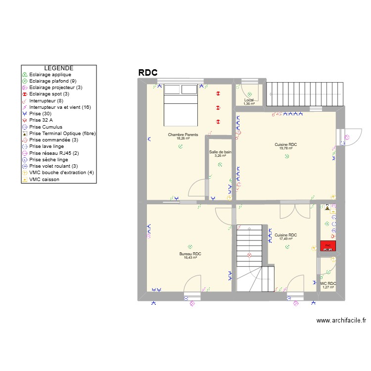 Maison Armand DUEZ ELEC RDC. Plan de 7 pièces et 78 m2