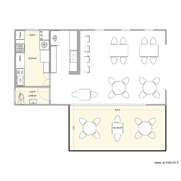 Bar Tapas. Plan de 3 pièces et 30 m2