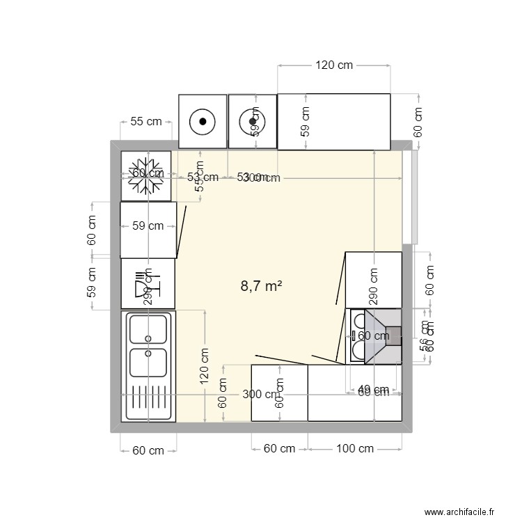 maison cuisine. Plan de 1 pièce et 9 m2