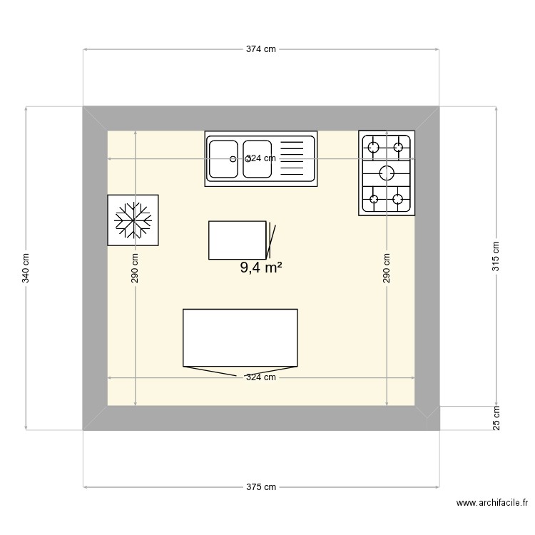 Cuisine. Plan de 1 pièce et 9 m2