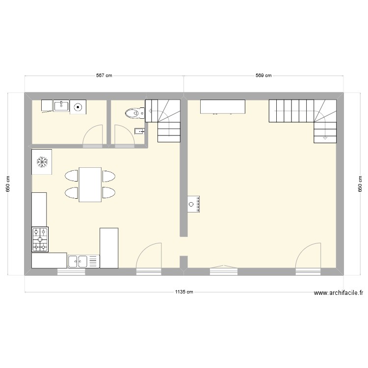 RDC GLR v.1. Plan de 2 pièces et 63 m2