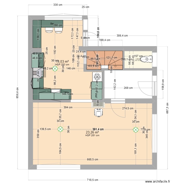 Plan avec emplacement luminaires. Plan de 3 pièces et 39 m2