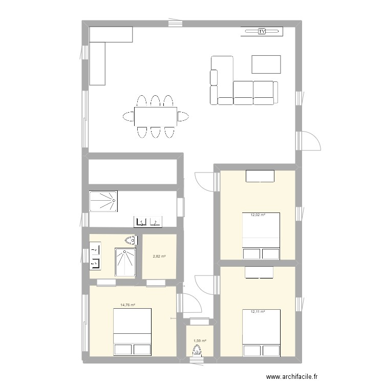 PLEIN PIED 120 M2. Plan de 5 pièces et 43 m2