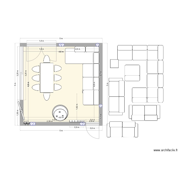 Salon. Plan de 1 pièce et 21 m2