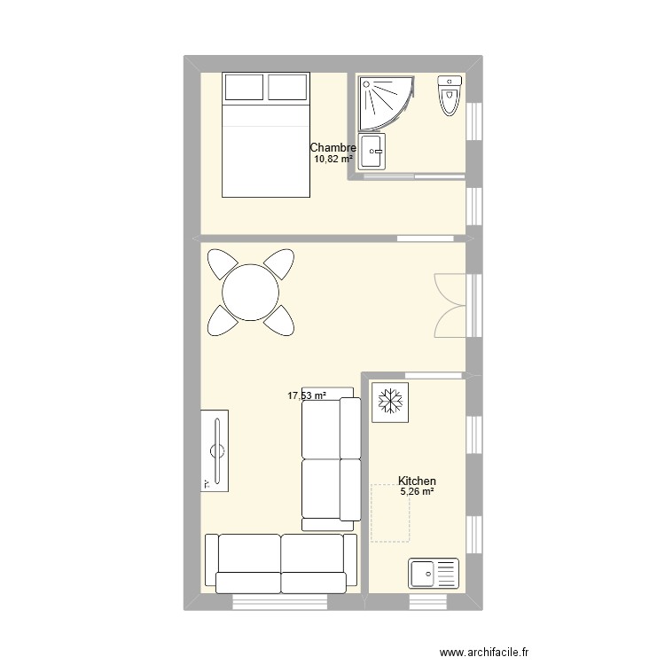 sfax. Plan de 3 pièces et 34 m2