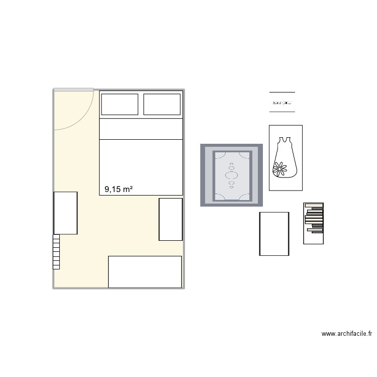 Chambre parent. Plan de 1 pièce et 9 m2