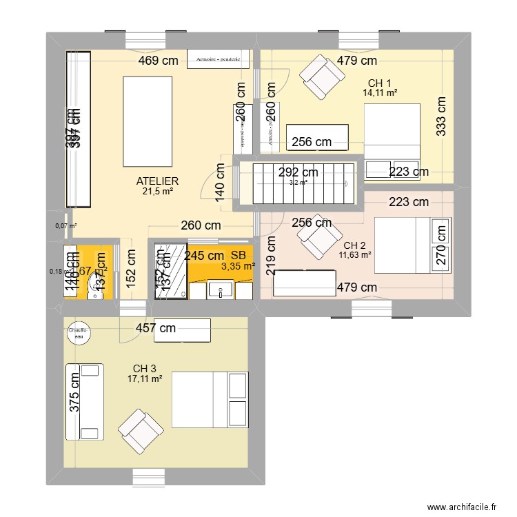 étage. Plan de 9 pièces et 73 m2