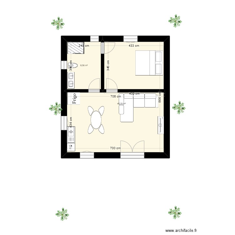 duplex. Plan de 2 pièces et 54 m2