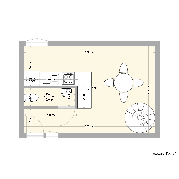 Grange rdc 3. Plan de 2 pièces et 24 m2