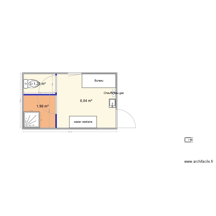 vestiaire. Plan de 3 pièces et 9 m2