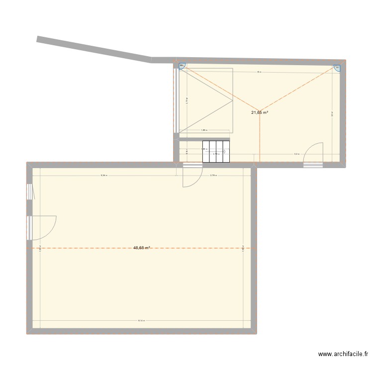 Curtieux. Plan de 2 pièces et 70 m2