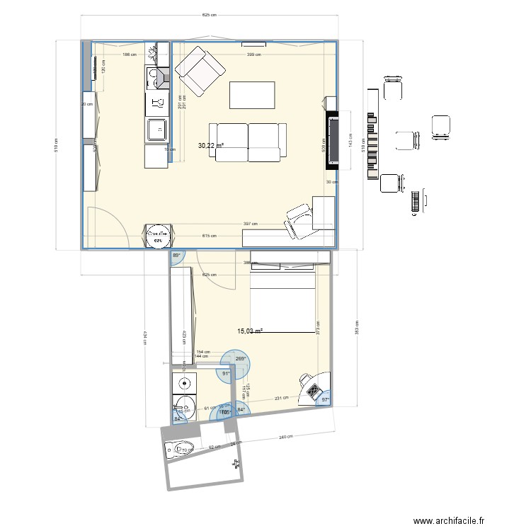 castelmoron-essai-02. Plan de 2 pièces et 45 m2