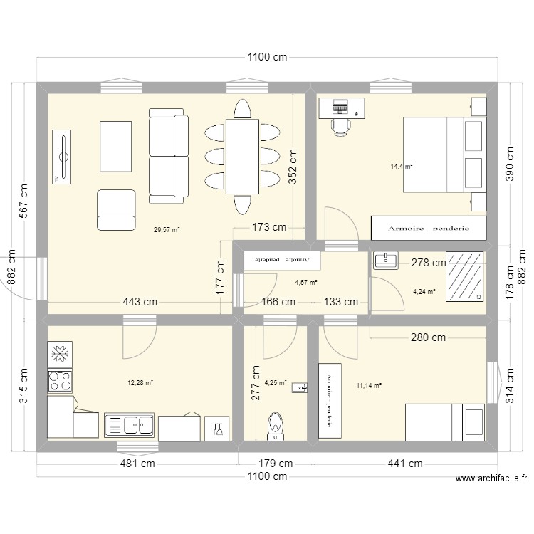 Mon T3b. Plan de 7 pièces et 80 m2