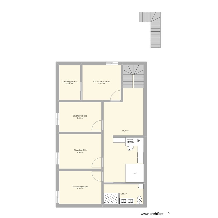 Chambres 2. Plan de 7 pièces et 74 m2