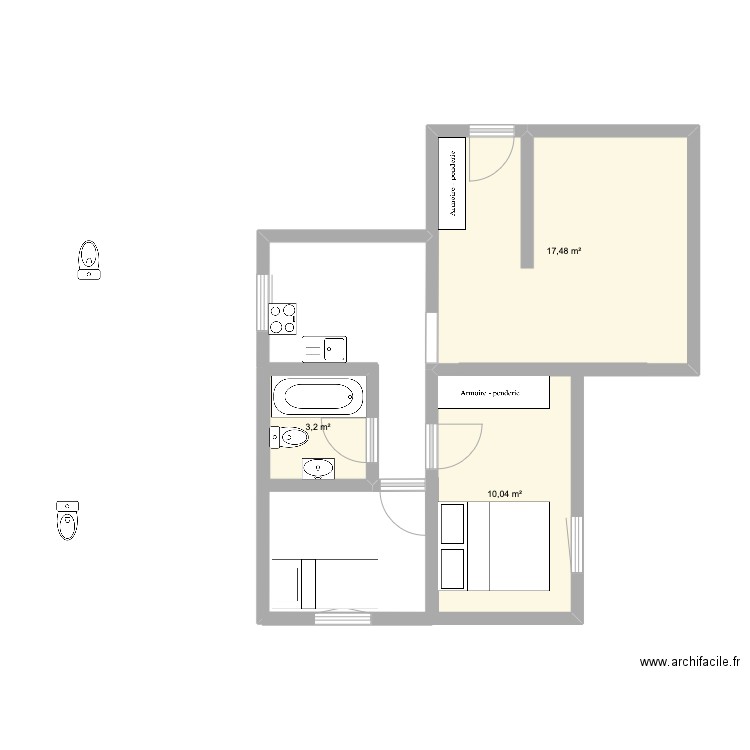 Kabane. Plan de 3 pièces et 31 m2