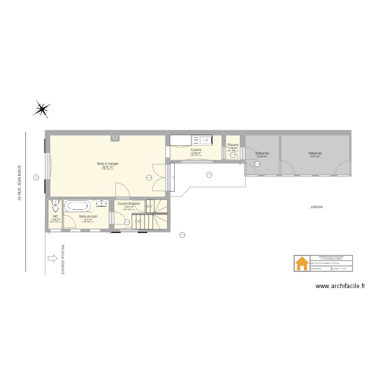 ETAT ACTUEL . Plan de 15 pièces et 85 m2