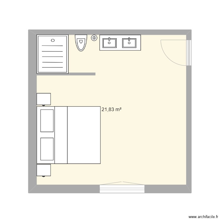 chambre/sdb ouverte. Plan de 1 pièce et 22 m2