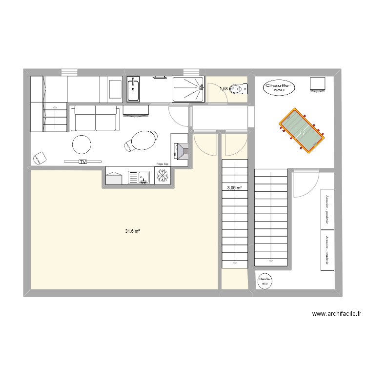 T1 1er étage. Plan de 7 pièces et 82 m2