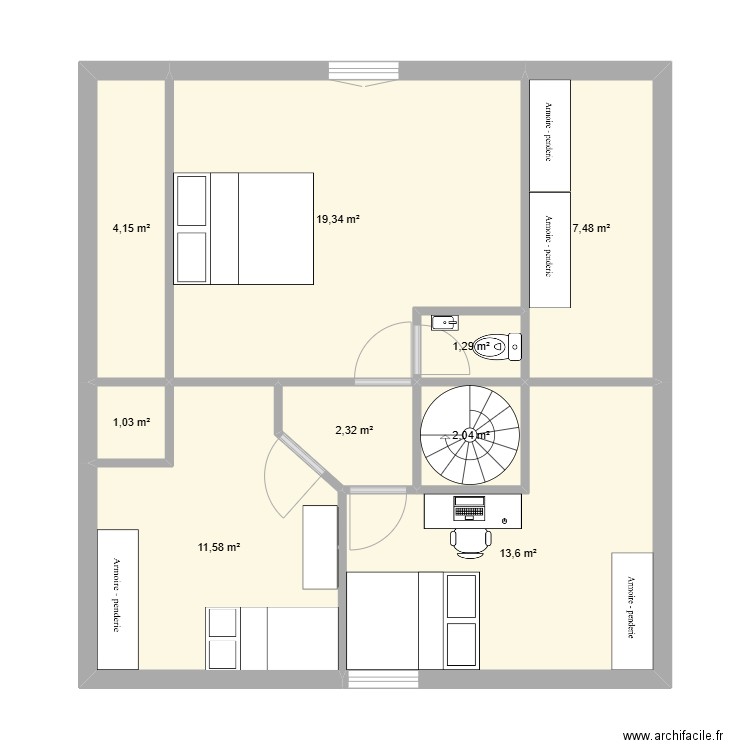 1er etage. Plan de 9 pièces et 63 m2