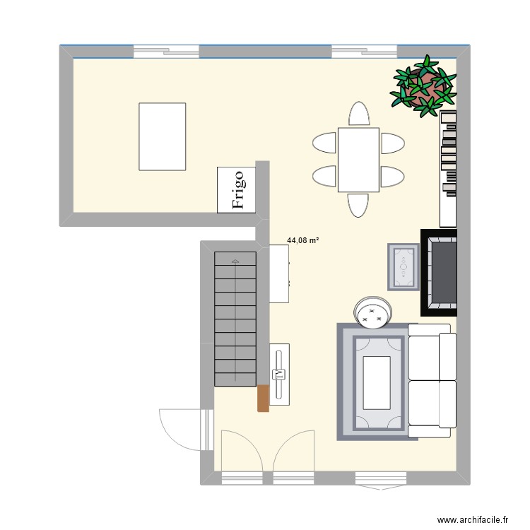 Salon Cuisine. Plan de 1 pièce et 44 m2