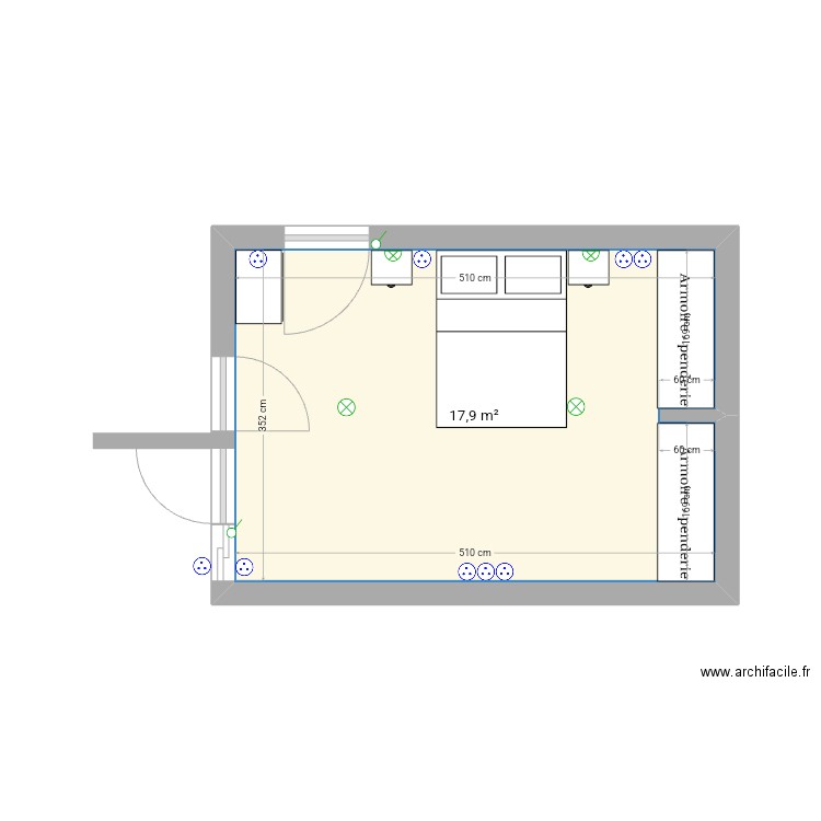 Chambre parentale . Plan de 1 pièce et 18 m2