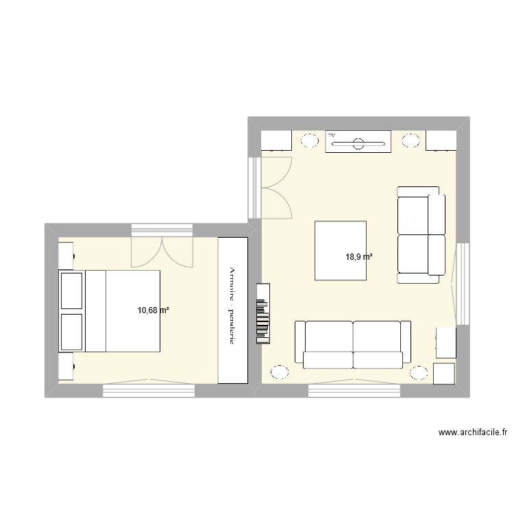 salon. Plan de 2 pièces et 30 m2