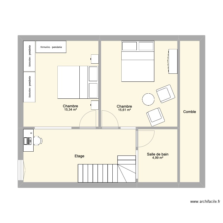 Maisonnette Etage. Plan de 5 pièces et 57 m2