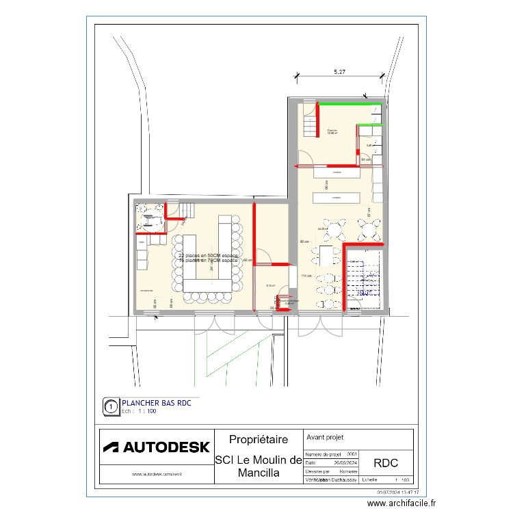 Projet restaurant seminaire U apres travaux 15-23 P. Plan de 9 pièces et 125 m2