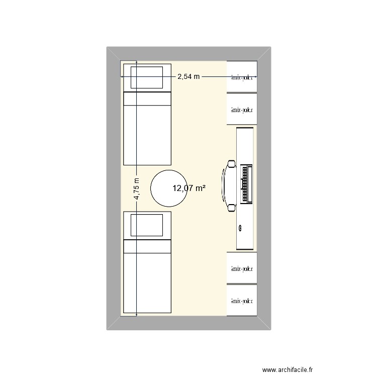 Chambre 4 lits supperposés. Plan de 1 pièce et 12 m2