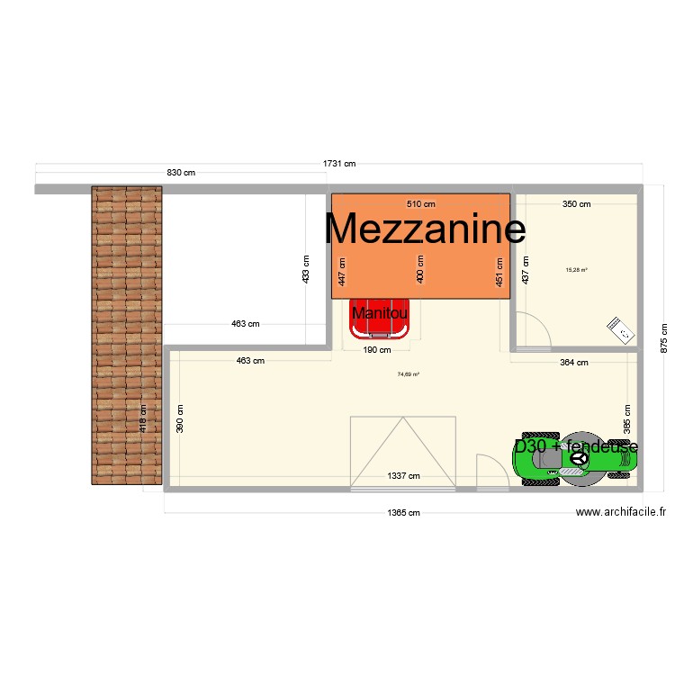 Atelier aménagé. Plan de 2 pièces et 90 m2