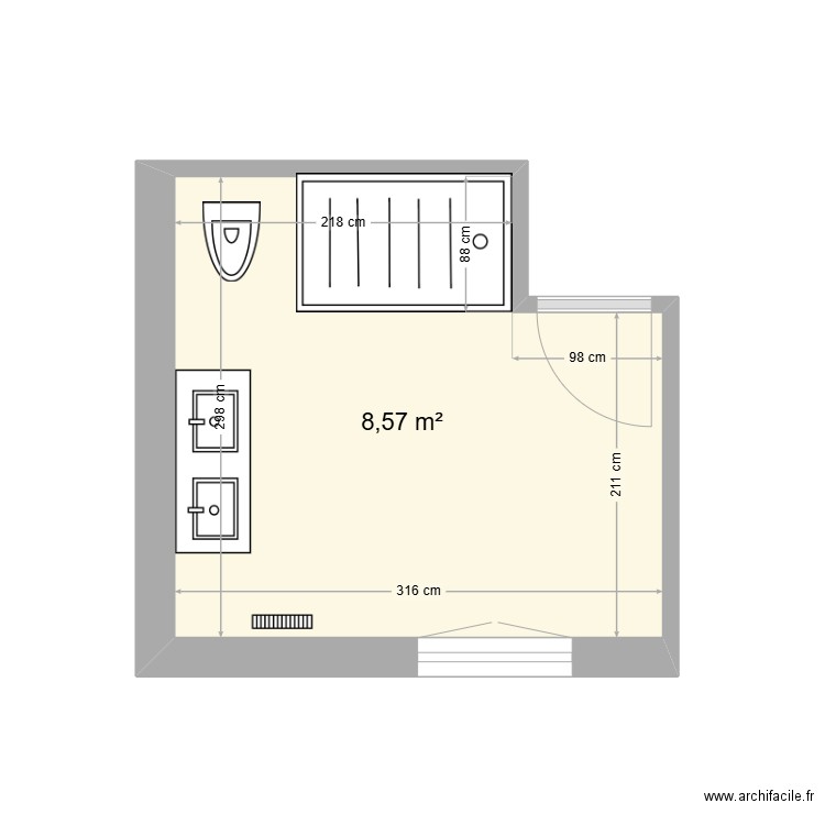 Salle d'eau 43. Plan de 1 pièce et 9 m2