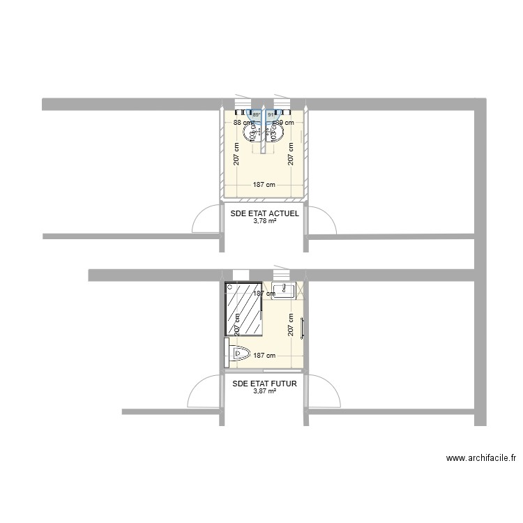 Salle d'eau-WC. Plan de 2 pièces et 8 m2