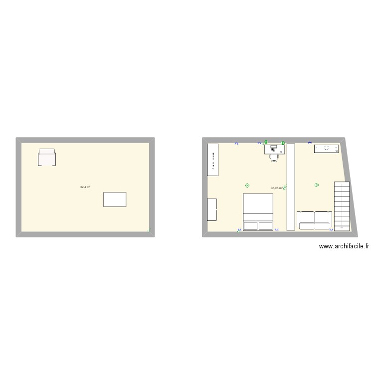 combles. Plan de 2 pièces et 67 m2