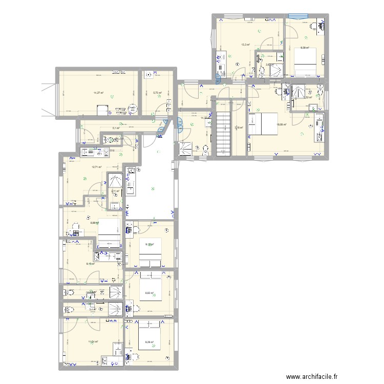 leon bollée sdb2. Plan de 20 pièces et 168 m2