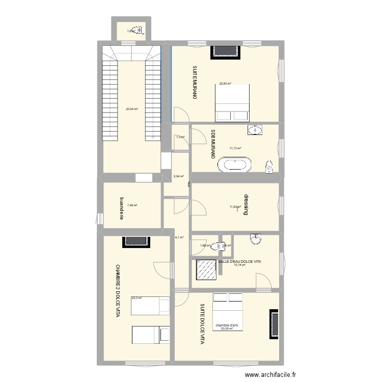 plan 2émé étage. Plan de 14 pièces et 140 m2