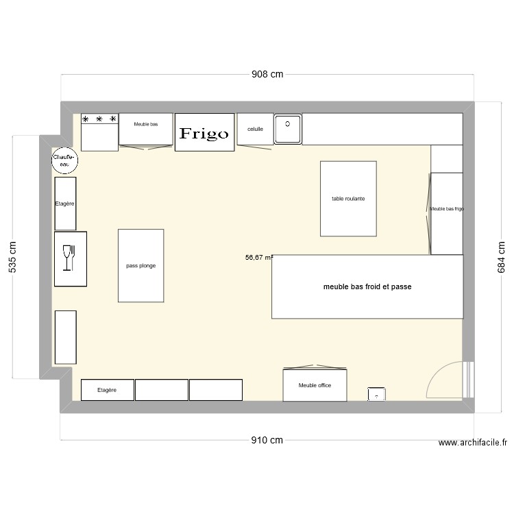 cuisine. Plan de 1 pièce et 57 m2