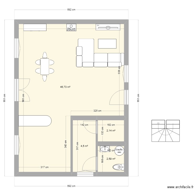 RDC La Morignée après isolation. Plan de 4 pièces et 56 m2