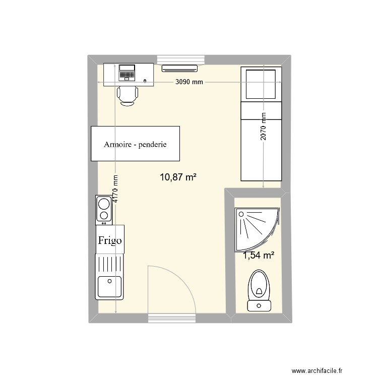 studette. Plan de 2 pièces et 12 m2