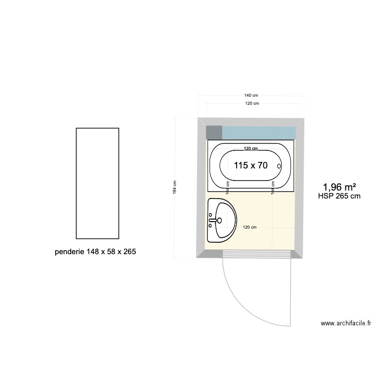 SDB Pauline. Plan de 1 pièce et 2 m2