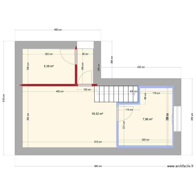 Plan actuel du RDC. Plan de 3 pièces et 42 m2