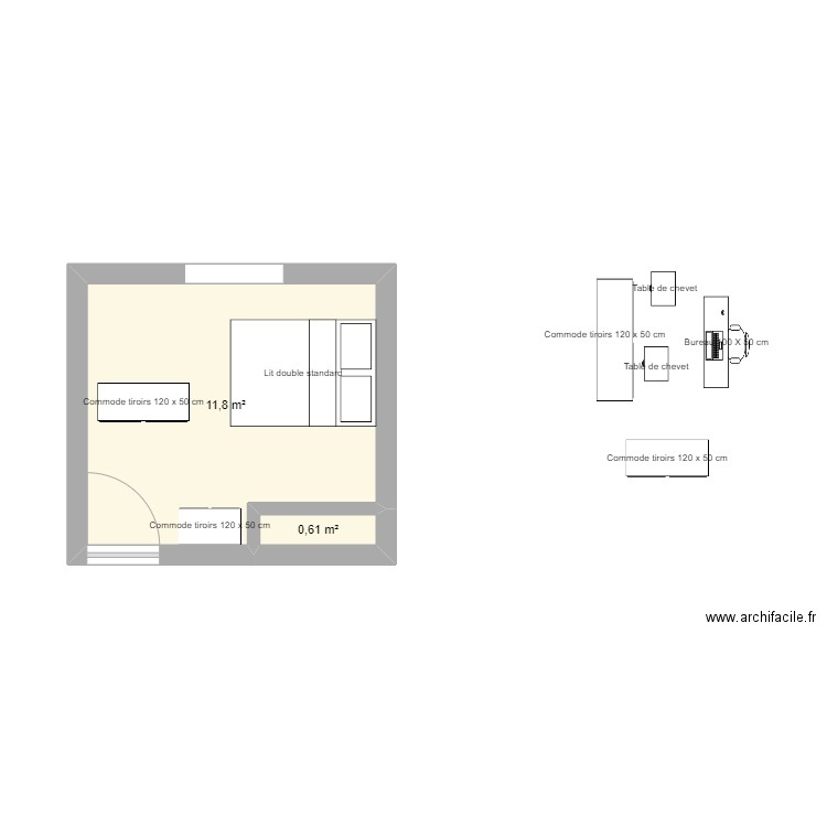 Chambre Emilau. Plan de 2 pièces et 12 m2