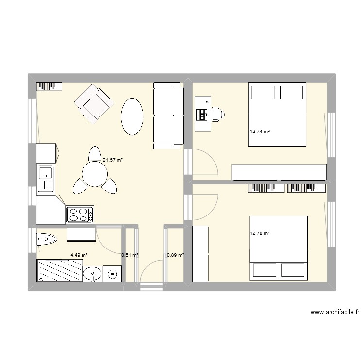 Plan Carrière 2 chambres. Plan de 6 pièces et 53 m2