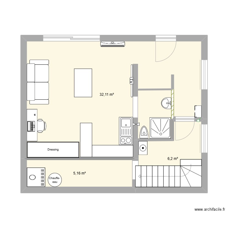 aménagement Sous sol v1. Plan de 3 pièces et 43 m2