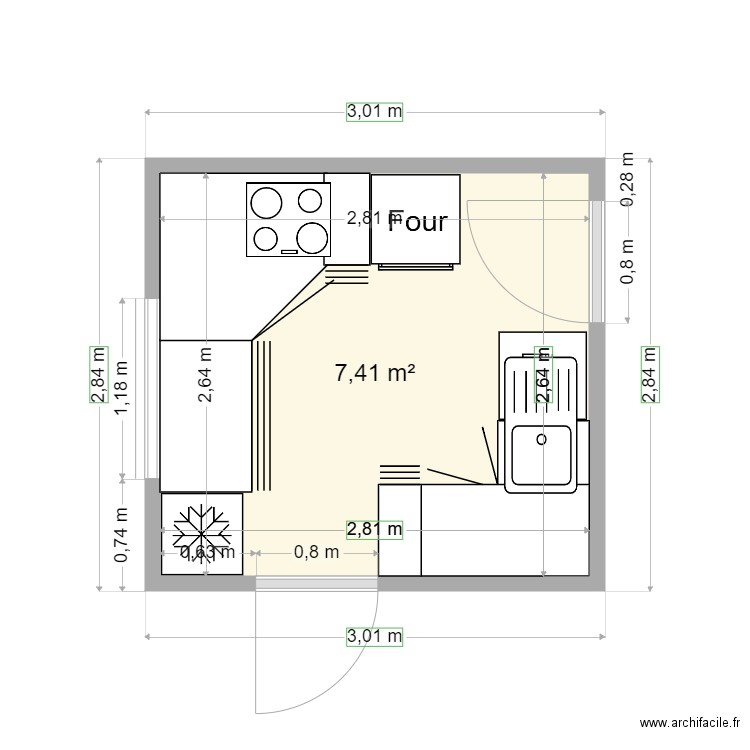 cuisine Jurdant. Plan de 1 pièce et 7 m2