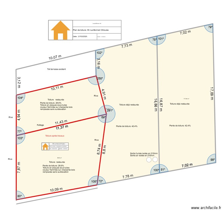 Plan détail de toiture après travaux fin. Plan de 3 pièces et 373 m2