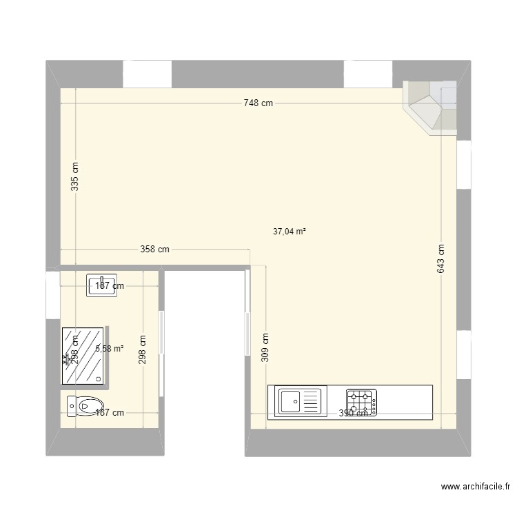 PIECE A VIVRE  ANGELEIQUE. Plan de 2 pièces et 43 m2