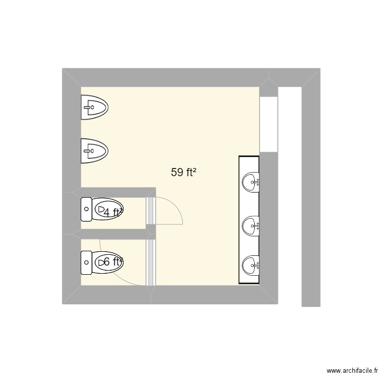 toilet. Plan de 3 pièces et 7 m2